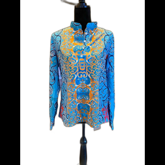 Boho Womens Blouse Size Large Button Down Blue Patterened Top Cuffed Sleeves - Picture 1 of 11